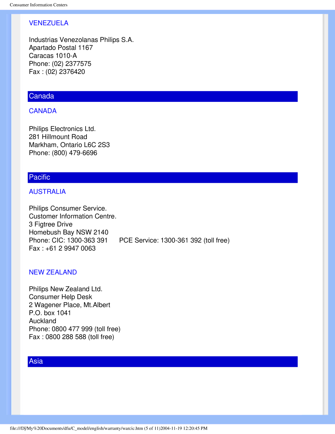 Philips 150c5 user manual Venezuela, Canada, Australia, NEW Zealand 