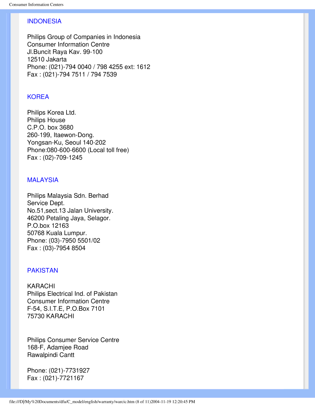 Philips 150c5 user manual Indonesia, Korea, Malaysia, Pakistan 