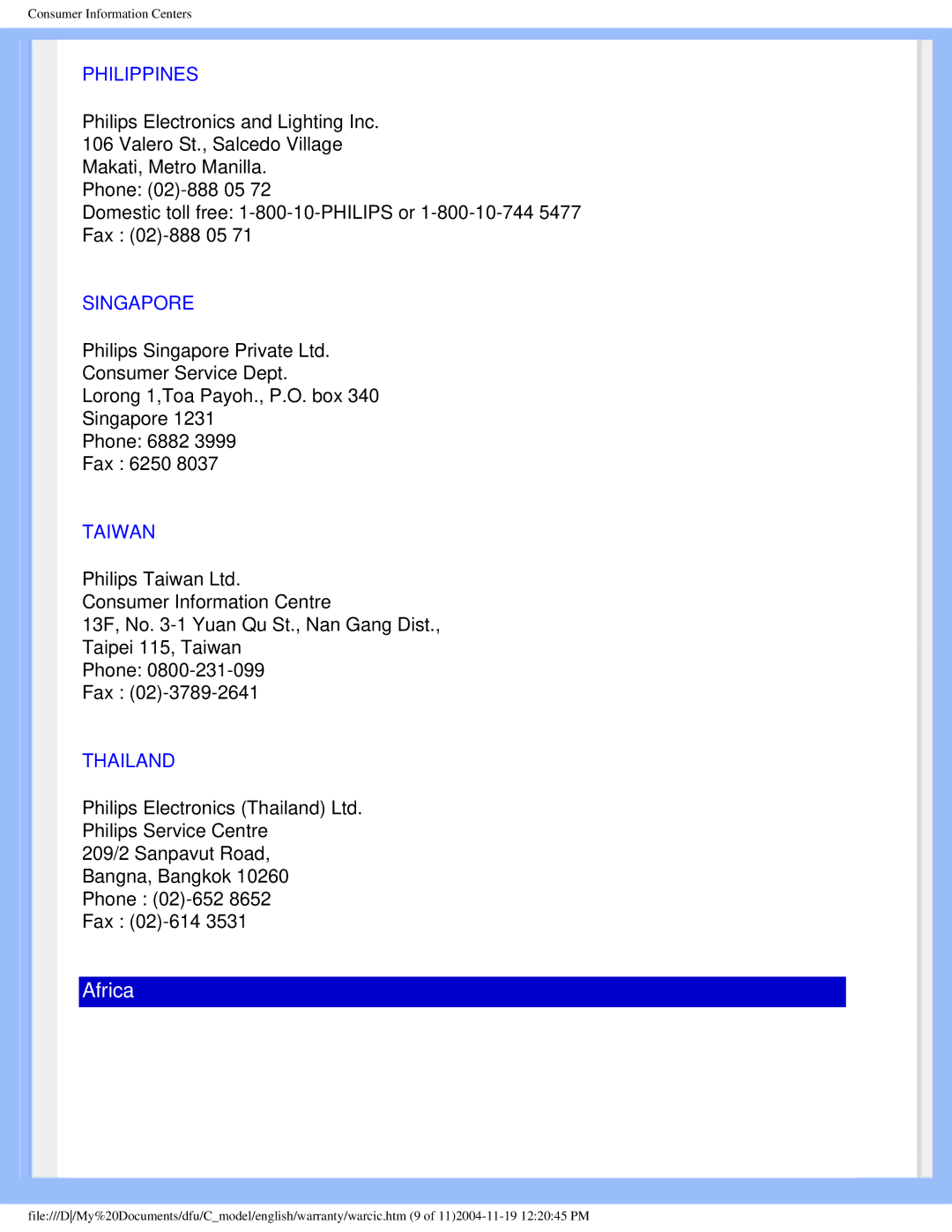 Philips 150c5 user manual Philippines, Singapore, Taiwan, Thailand 