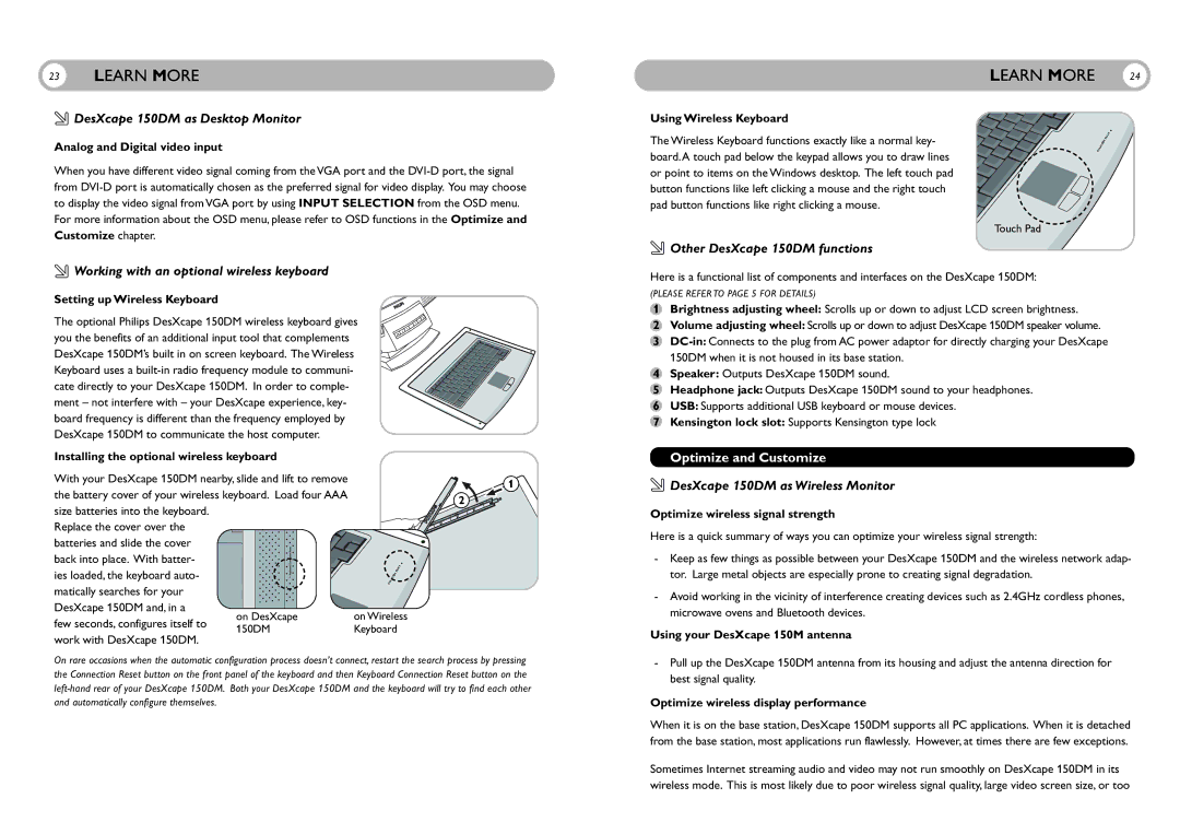 Philips DesXcape 150DM as Desktop Monitor, Working with an optional wireless keyboard, Other DesXcape 150DM functions 