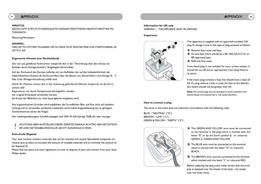 Philips 150DM Ergonomie Hinweis nur Deutschland, End-of-Life Disposal, Information for UK only, How to connect a plug 