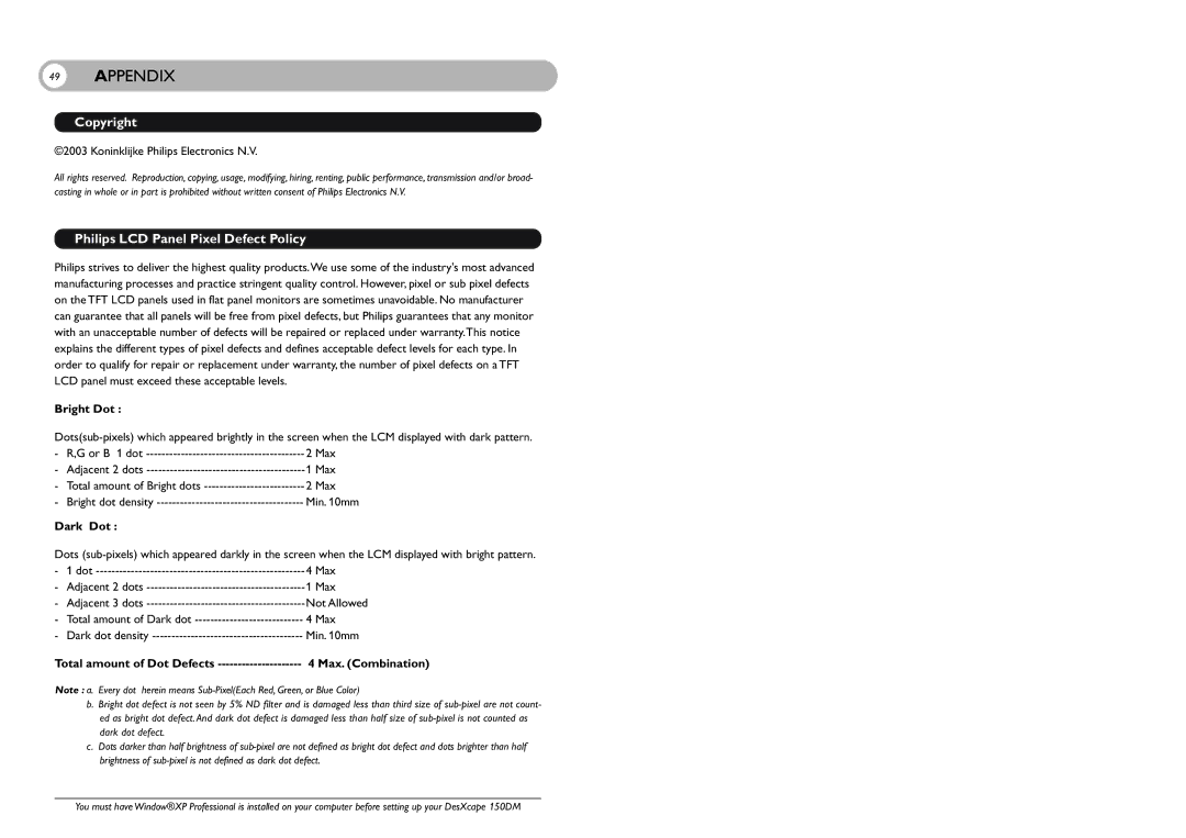 Philips 150DM user manual Copyright, Philips LCD Panel Pixel Defect Policy, Bright Dot, Dark Dot, Max. Combination 