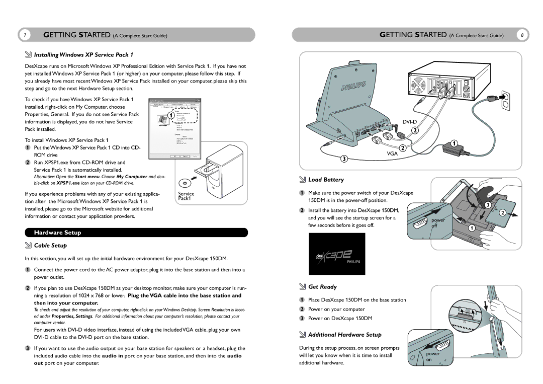 Philips 150DM Installing Windows XP Service Pack, Cable Setup, Load Battery, Get Ready, Additional Hardware Setup 