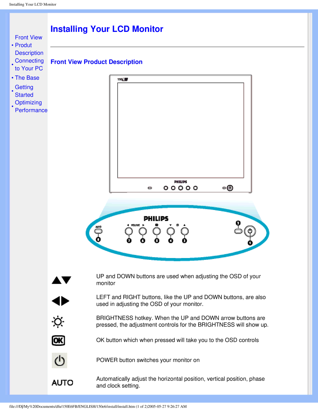 Philips 150E6 user manual Installing Your LCD Monitor, Front View Product Description 