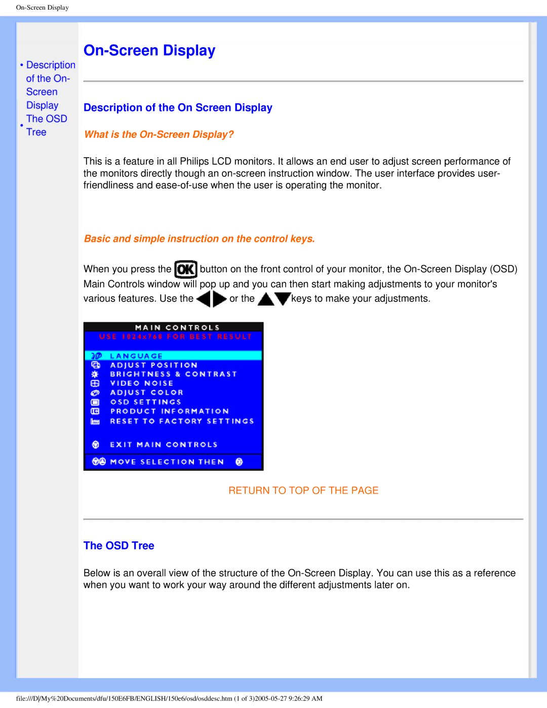 Philips 150E6 user manual On-Screen Display, Description of the On Screen Display, OSD Tree 