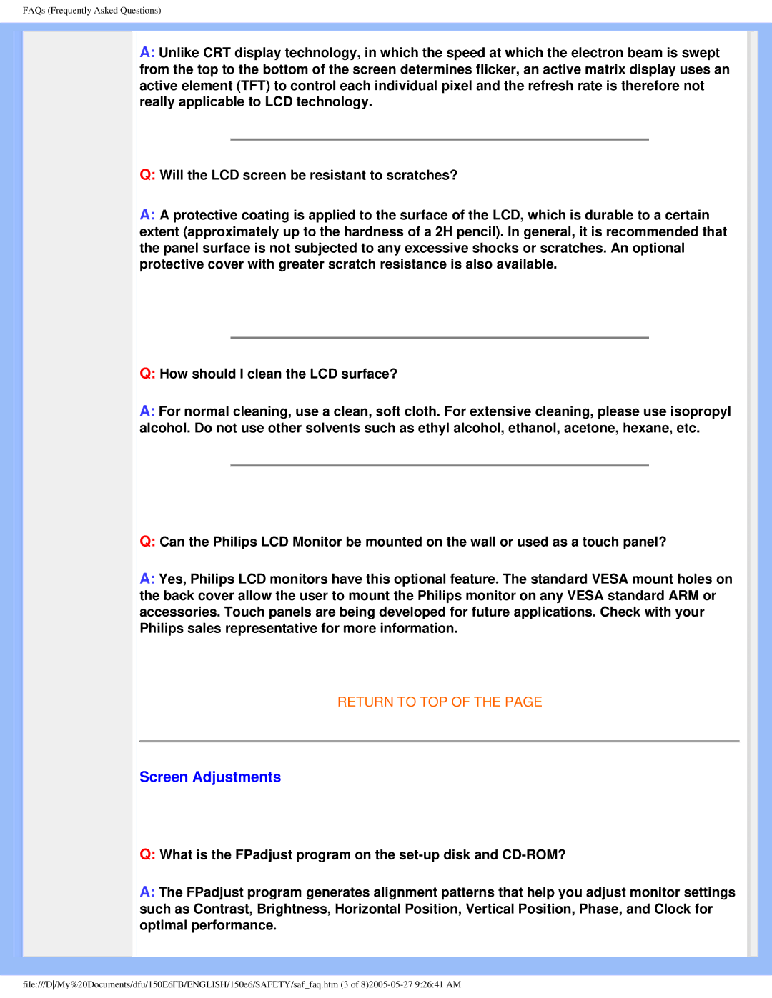 Philips 150E6 user manual Screen Adjustments 