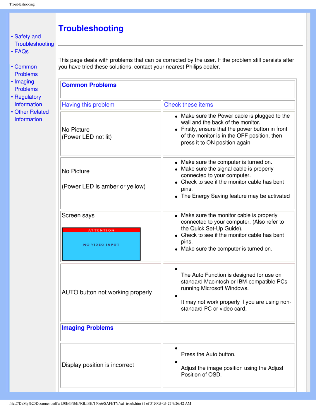 Philips 150E6 user manual Common Problems, Imaging Problems 