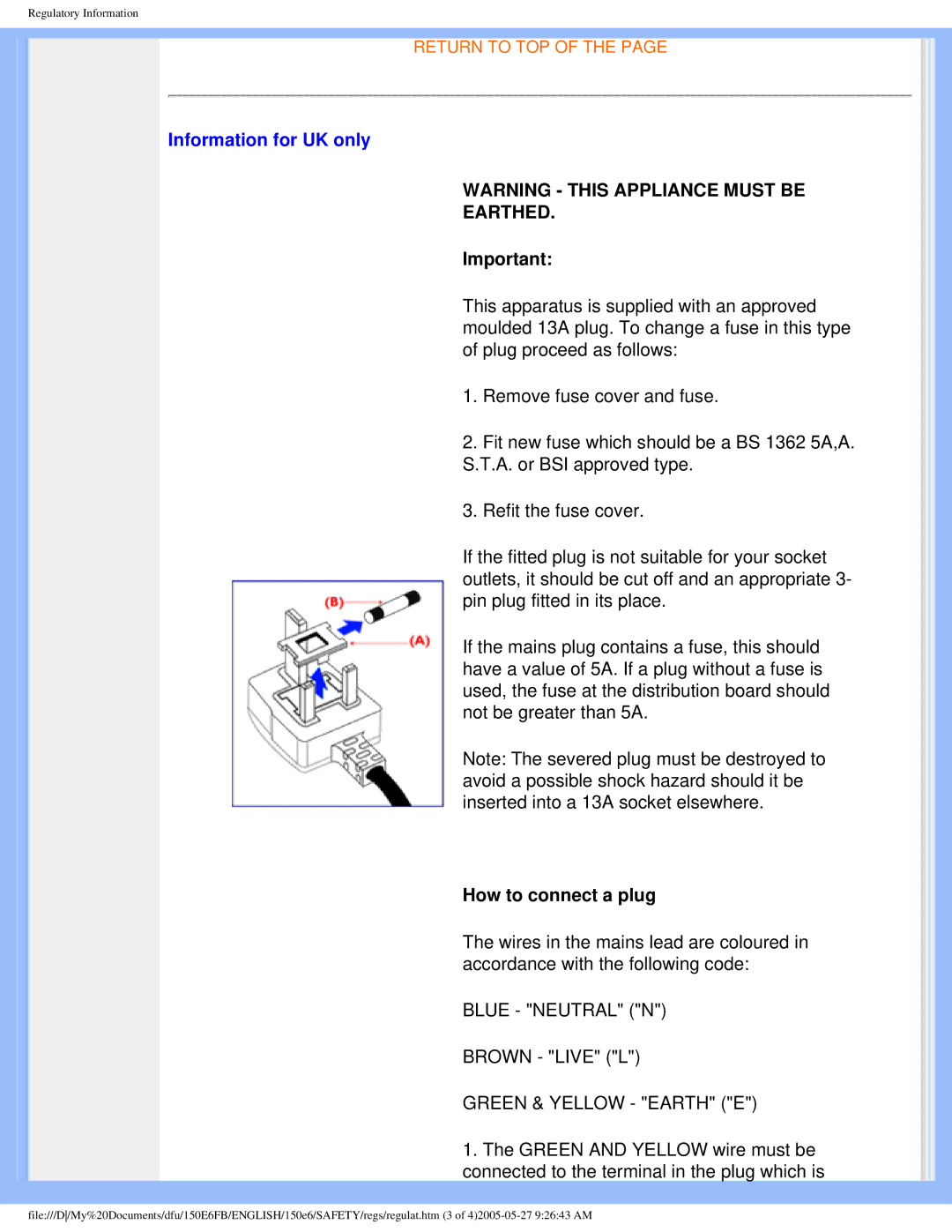 Philips 150E6 user manual Information for UK only, Earthed 