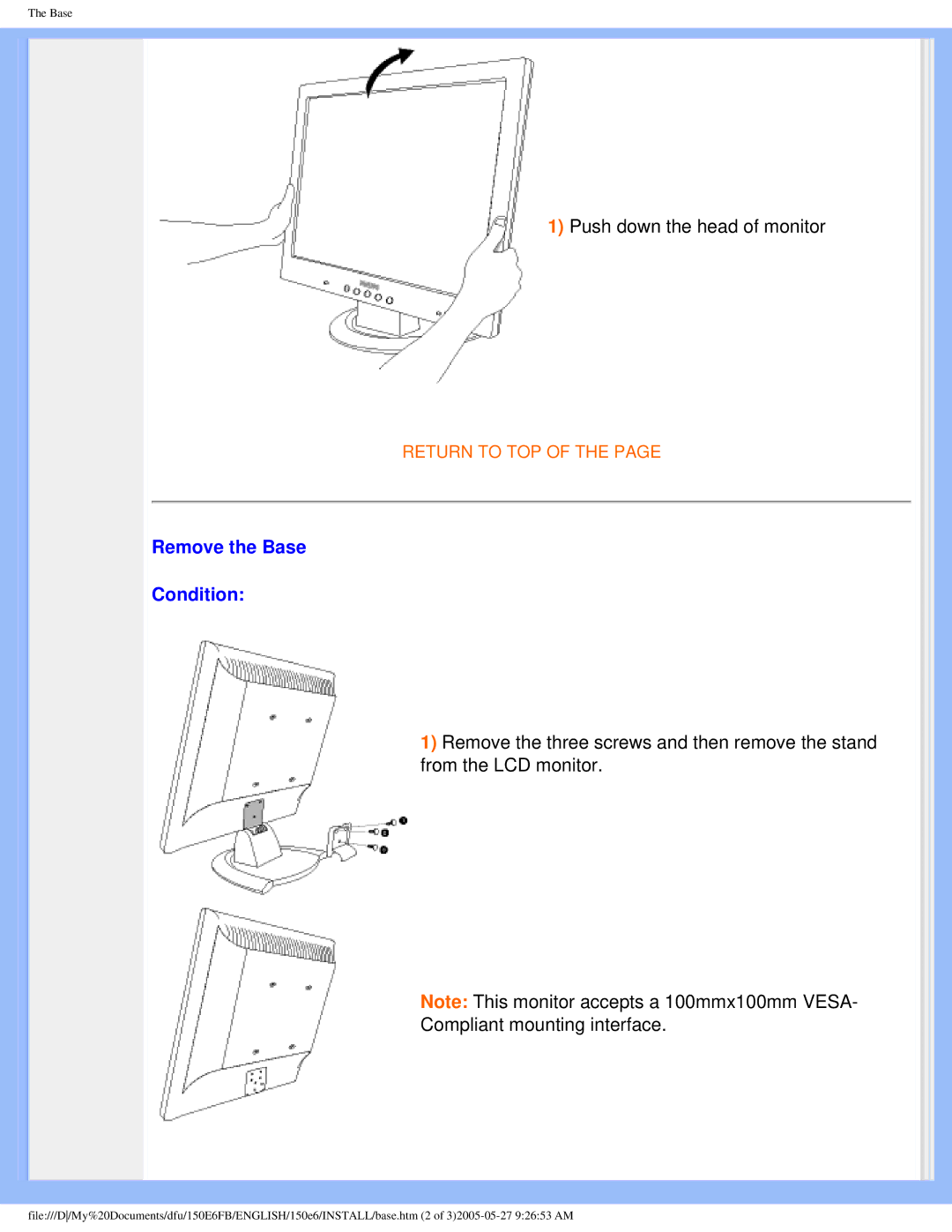 Philips 150E6 user manual Remove the Base Condition 