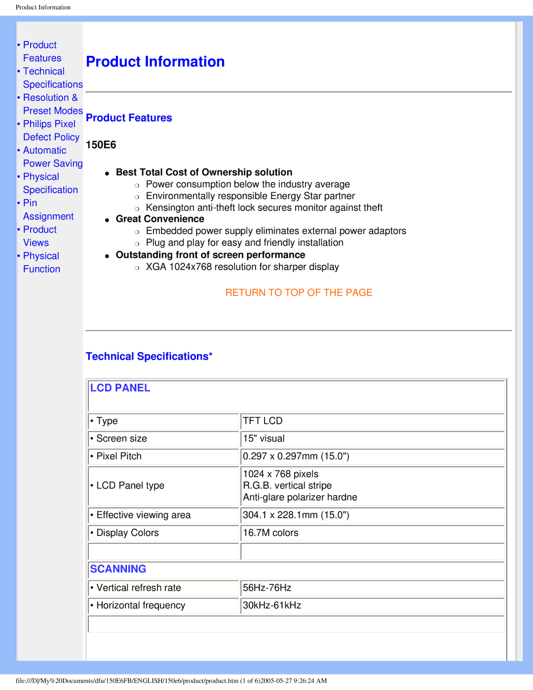 Philips 150E6 user manual Product Information, Product Features, Technical Specifications 