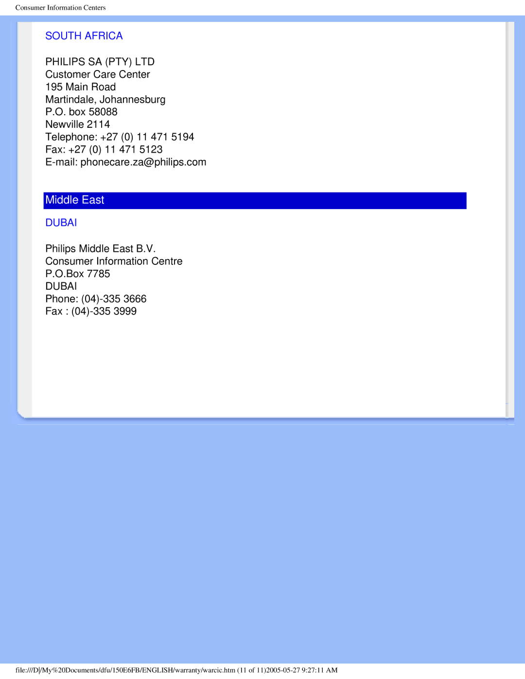 Philips 150E6 user manual South Africa, Dubai 