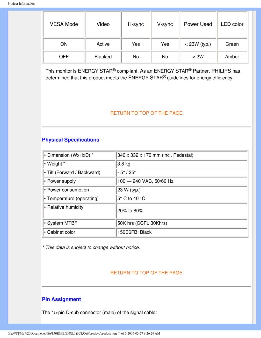 Philips 150E6 user manual Physical Specifications, Pin Assignment 