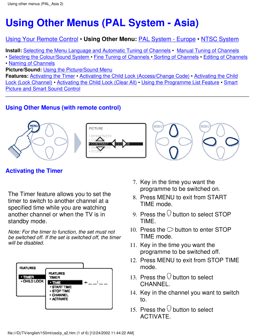 Philips 150MT manual Using Other Menus with remote control Activating the Timer, Activate 