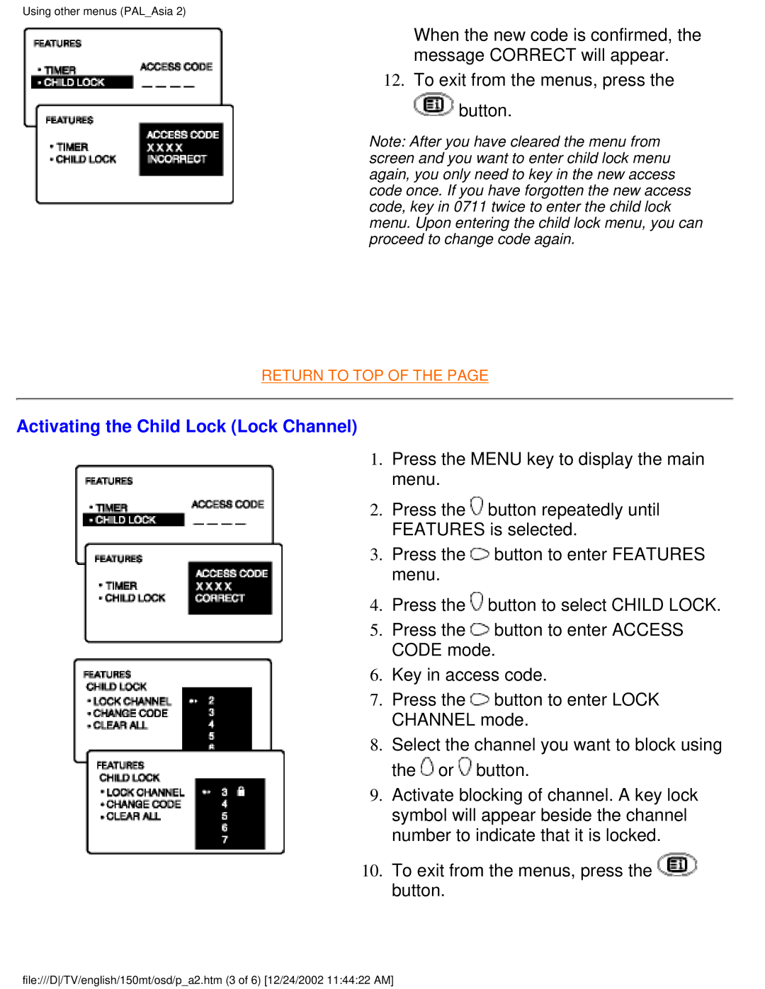 Philips 150MT manual Activating the Child Lock Lock Channel 