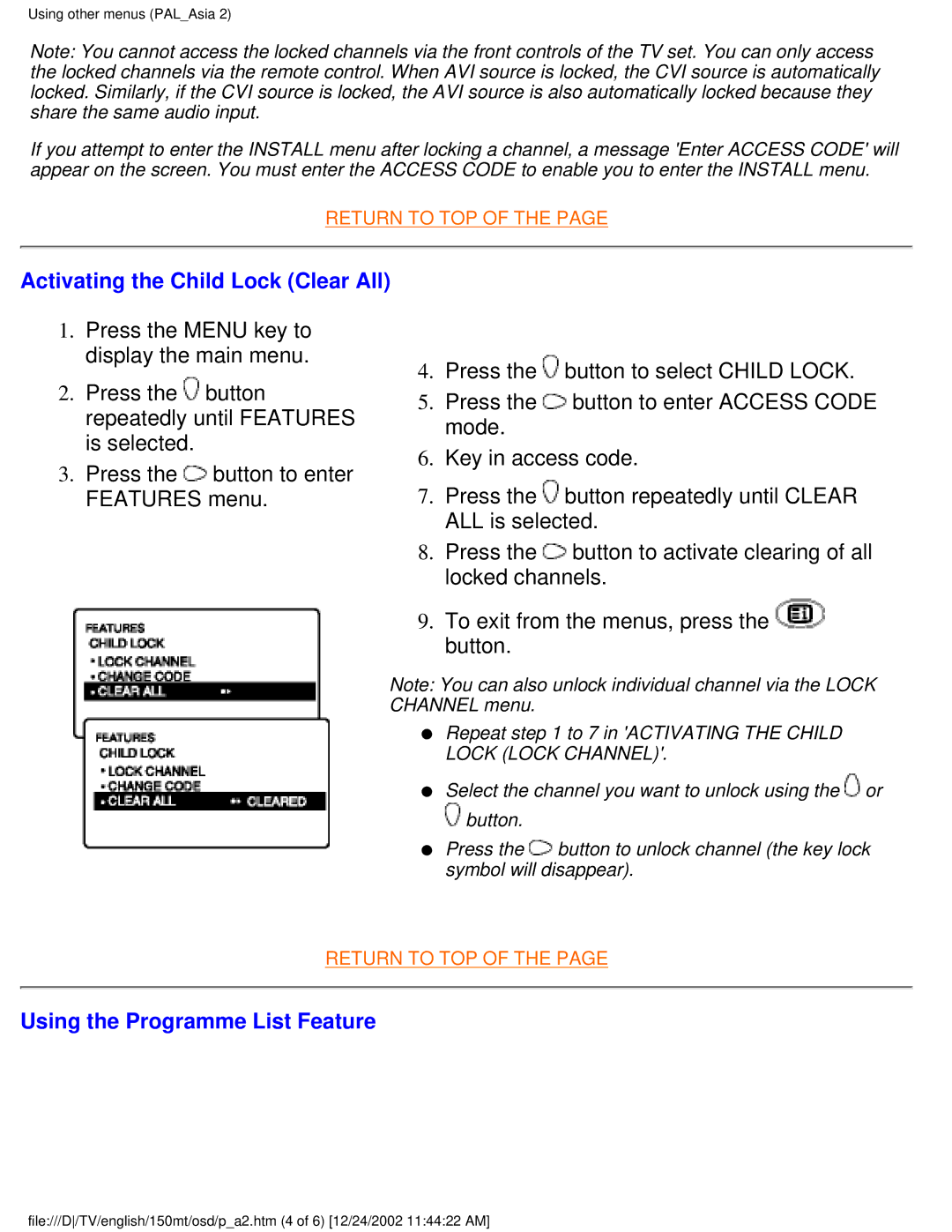 Philips 150MT manual Activating the Child Lock Clear All, Using the Programme List Feature 