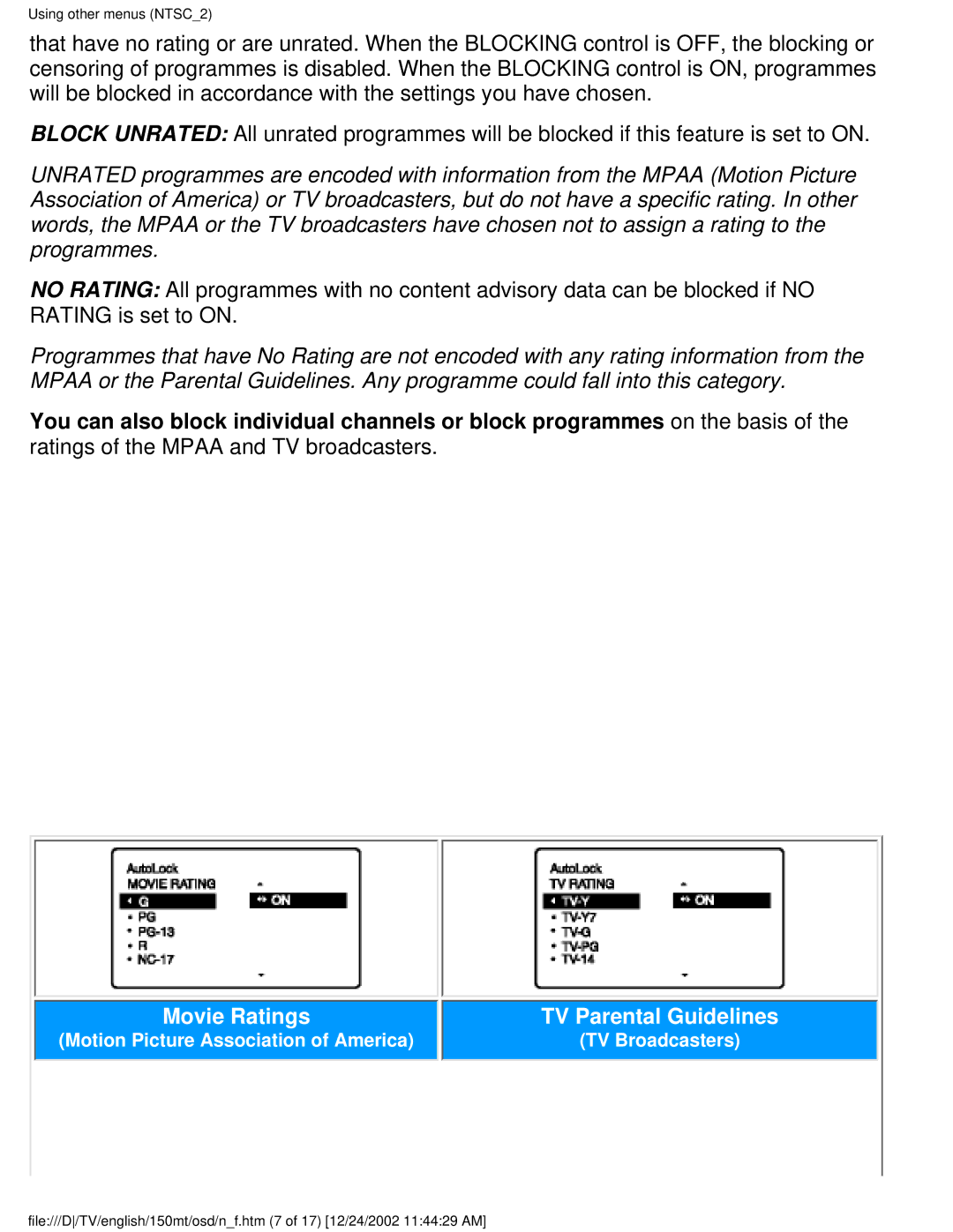 Philips 150MT manual Movie Ratings TV Parental Guidelines 