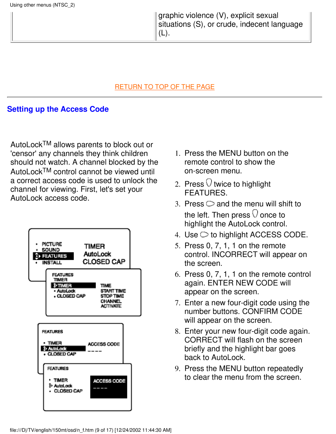 Philips 150MT manual Setting up the Access Code, Features 