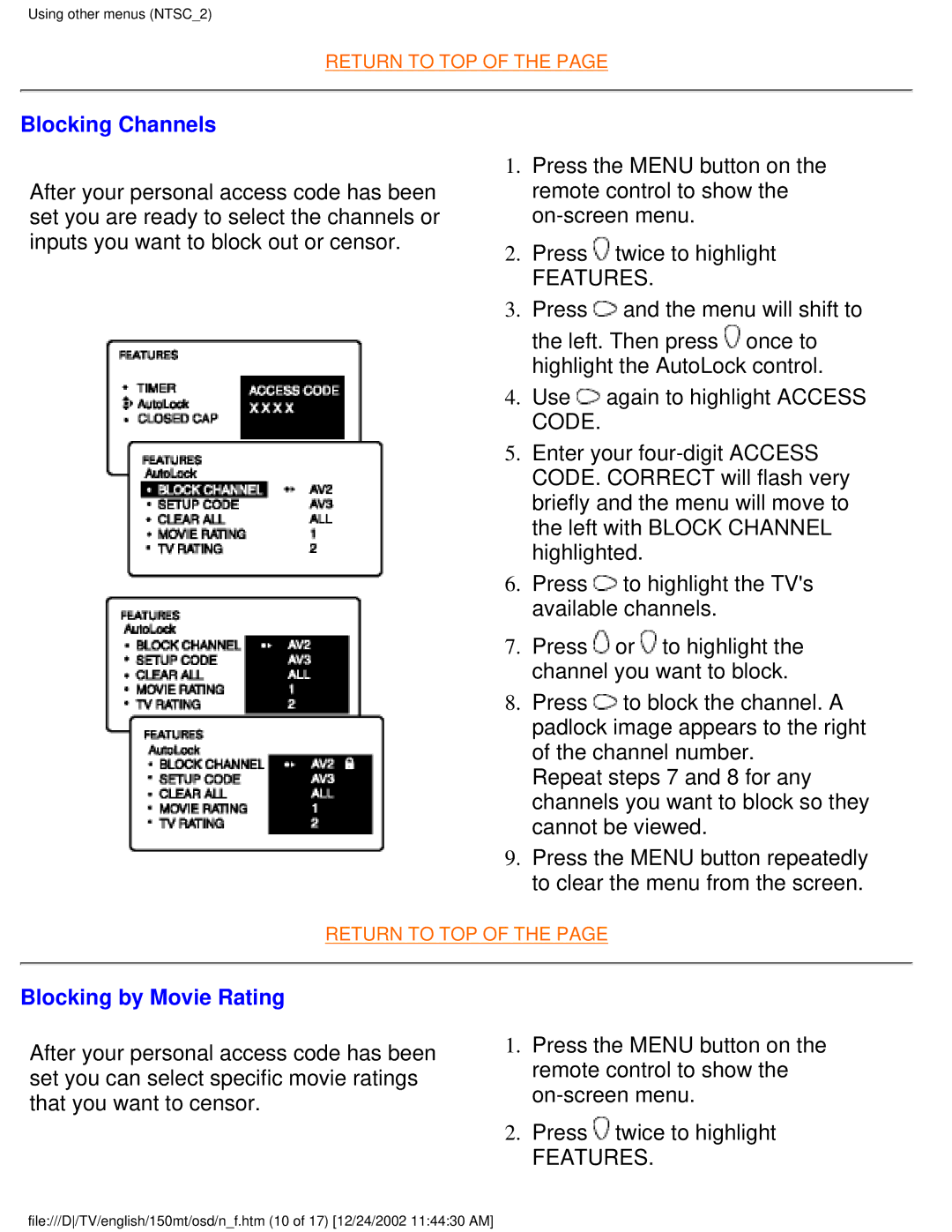 Philips 150MT manual Blocking Channels, Blocking by Movie Rating 