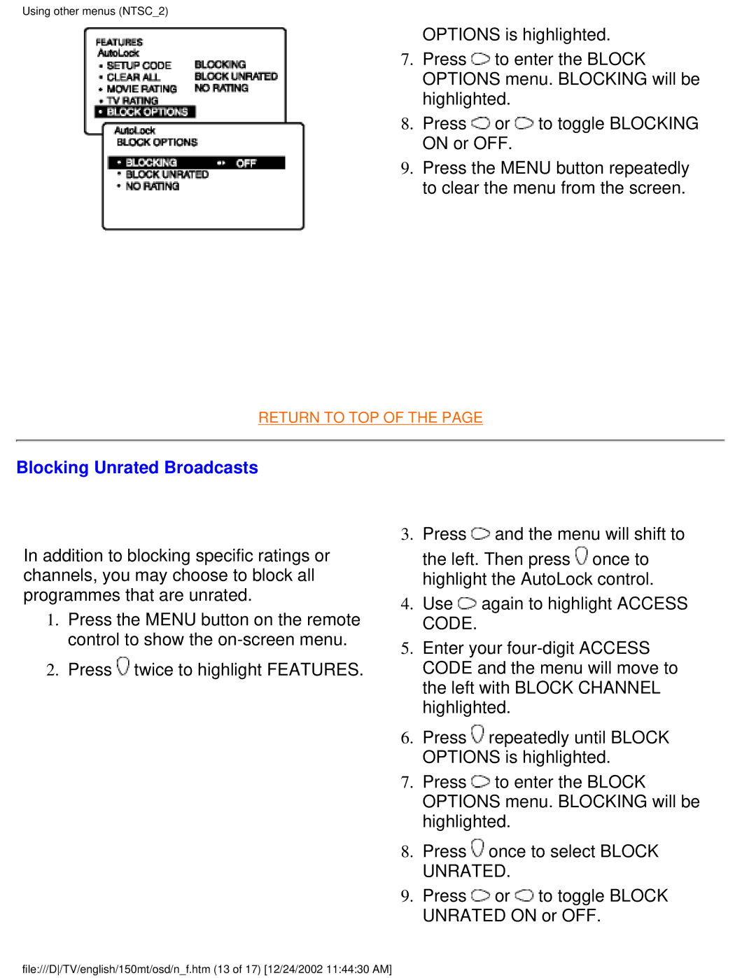 Philips 150MT manual Blocking Unrated Broadcasts 