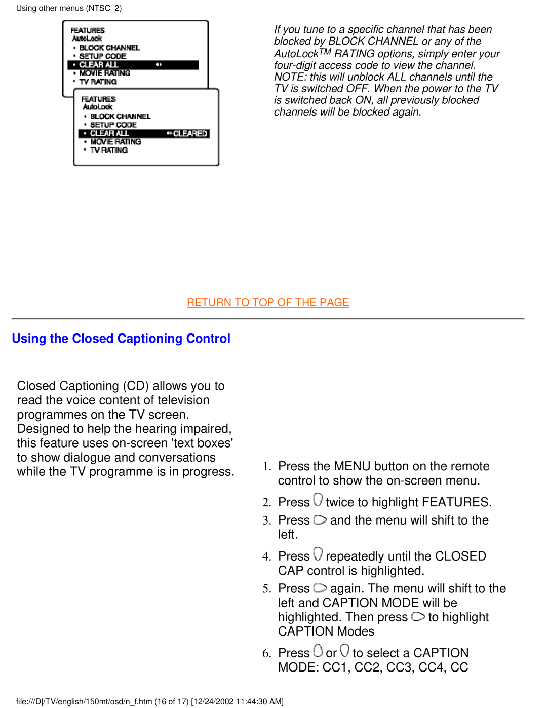 Philips 150MT manual Using the Closed Captioning Control 