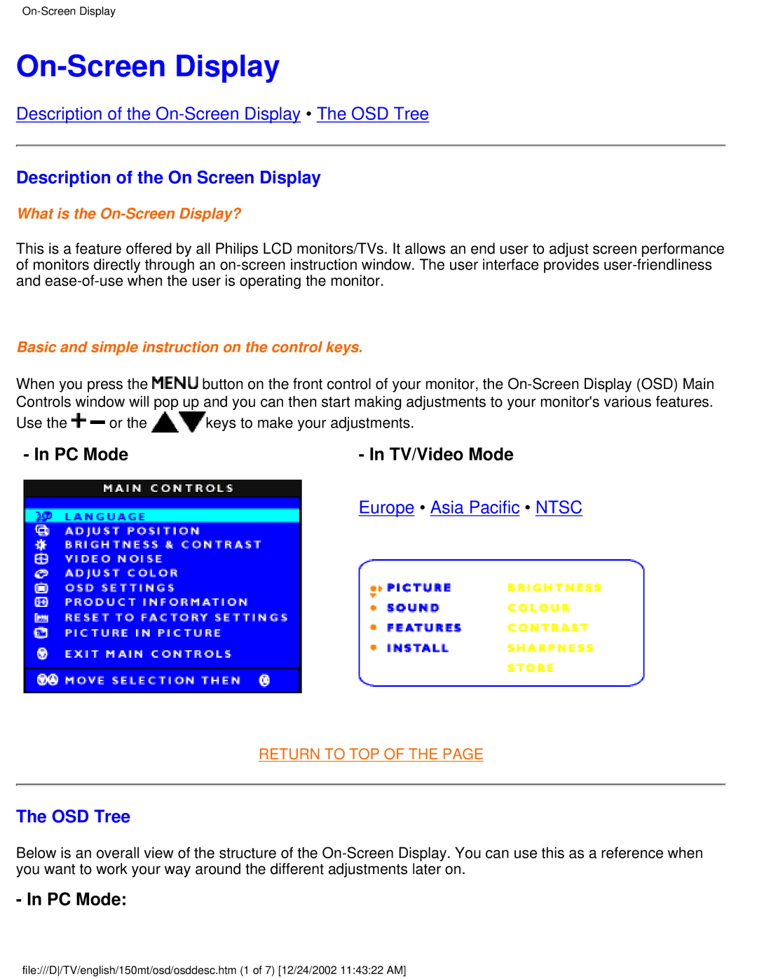 Philips 150MT manual On-Screen Display, Description of the On Screen Display, PC Mode TV/Video Mode, OSD Tree 