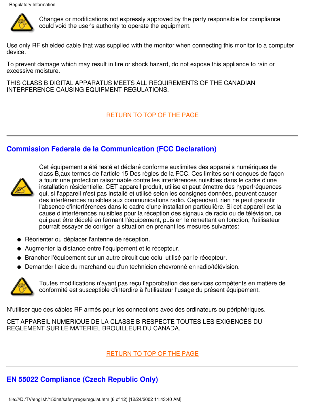 Philips 150MT manual Commission Federale de la Communication FCC Declaration, EN 55022 Compliance Czech Republic Only 