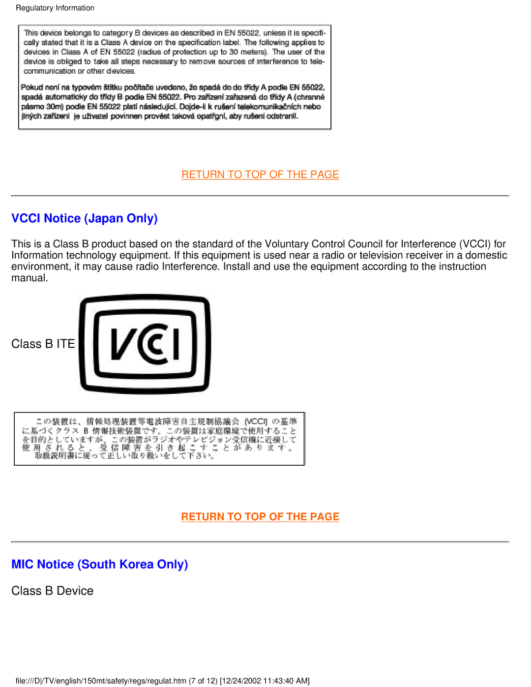 Philips 150MT manual Vcci Notice Japan Only, Class B ITE, MIC Notice South Korea Only, Class B Device 