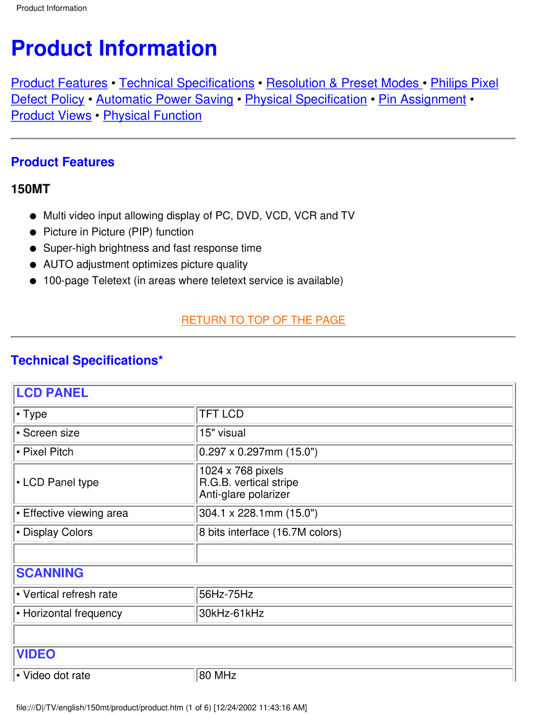 Philips 150MT manual Product Information, Product Features, Technical Specifications 