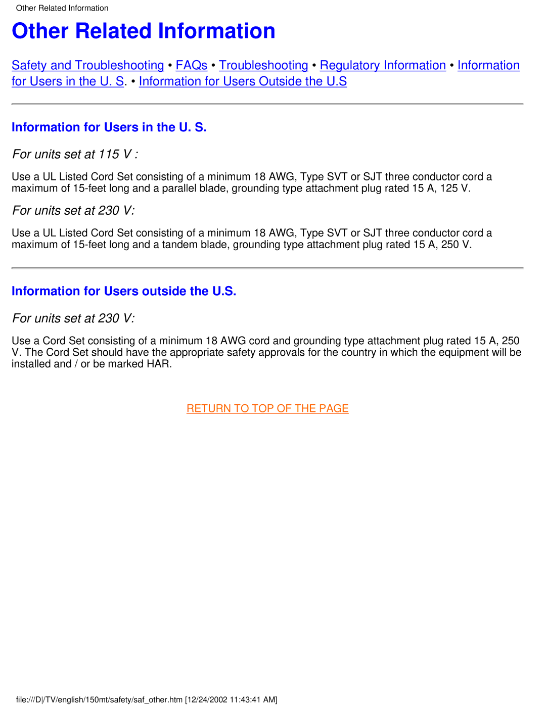 Philips 150MT manual Other Related Information, Information for Users in the U. S, Information for Users outside the U.S 