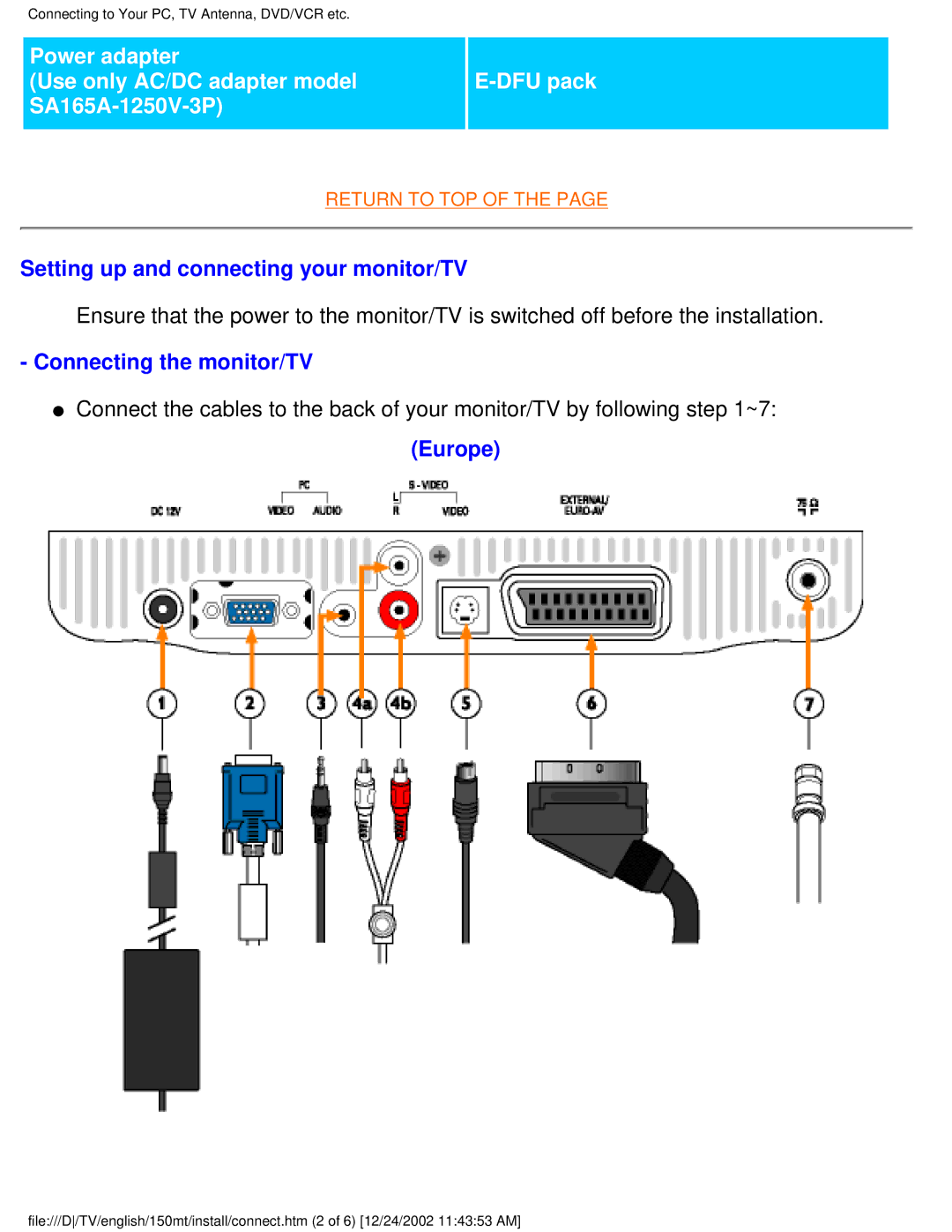 Philips 150MT manual Setting up and connecting your monitor/TV, Connecting the monitor/TV, Europe 