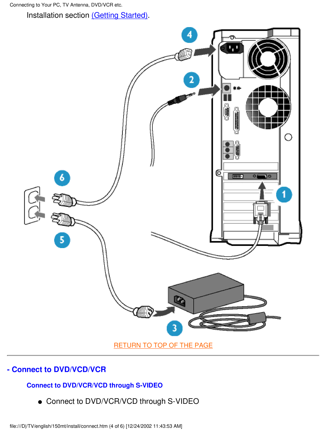 Philips 150MT manual Installation section Getting Started, Connect to DVD/VCD/VCR, Connect to DVD/VCR/VCD through S-VIDEO 