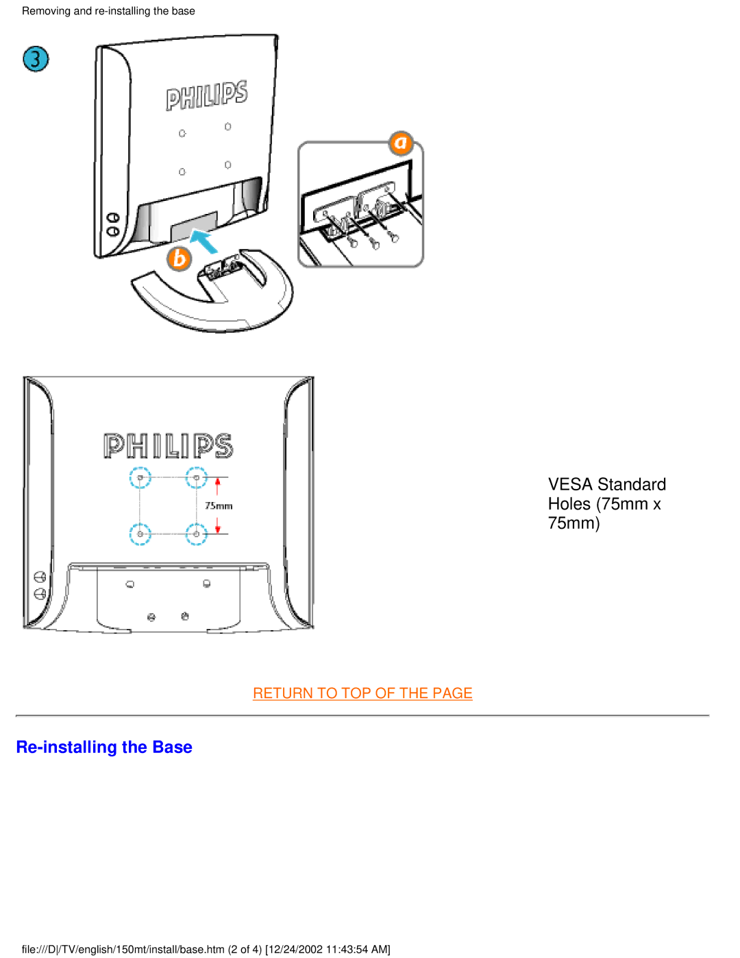 Philips 150MT manual Vesa Standard Holes 75mm x 75mm, Re-installing the Base 