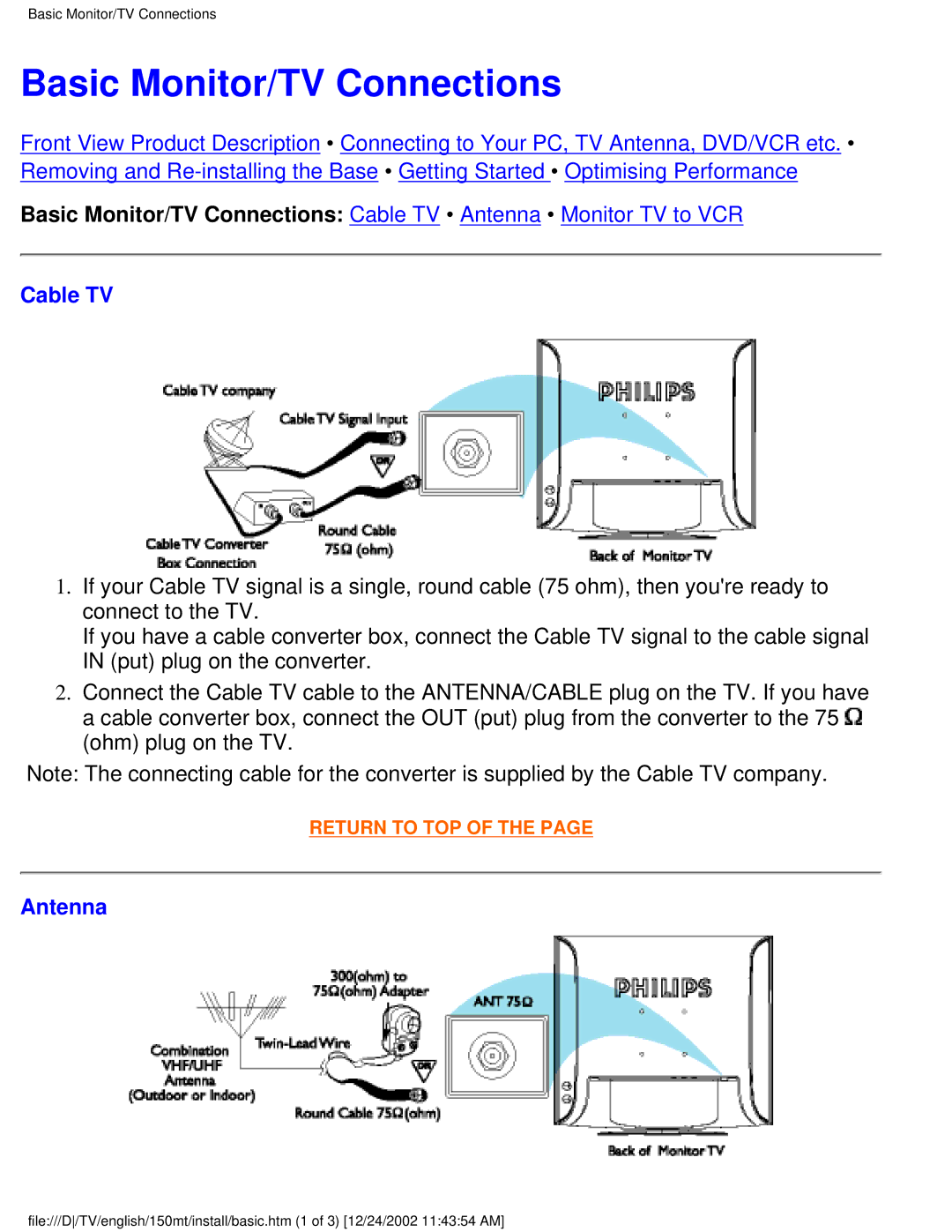 Philips 150MT manual Basic Monitor/TV Connections, Cable TV, Antenna 