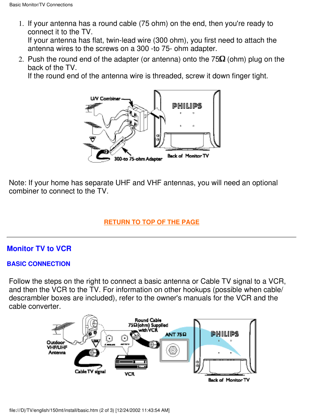 Philips 150MT manual Monitor TV to VCR, Basic Connection 