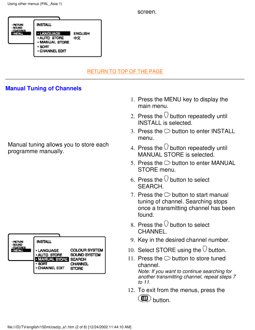 Philips 150MT manual Screen, Manual Tuning of Channels 