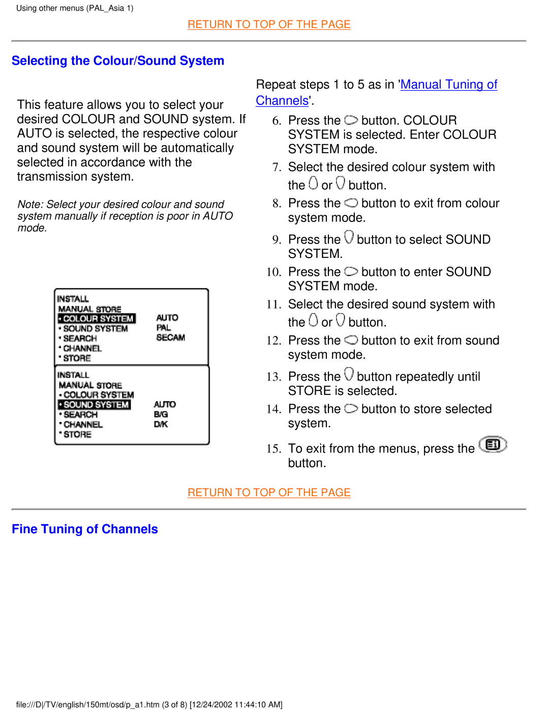 Philips 150MT manual Selecting the Colour/Sound System, Fine Tuning of Channels 