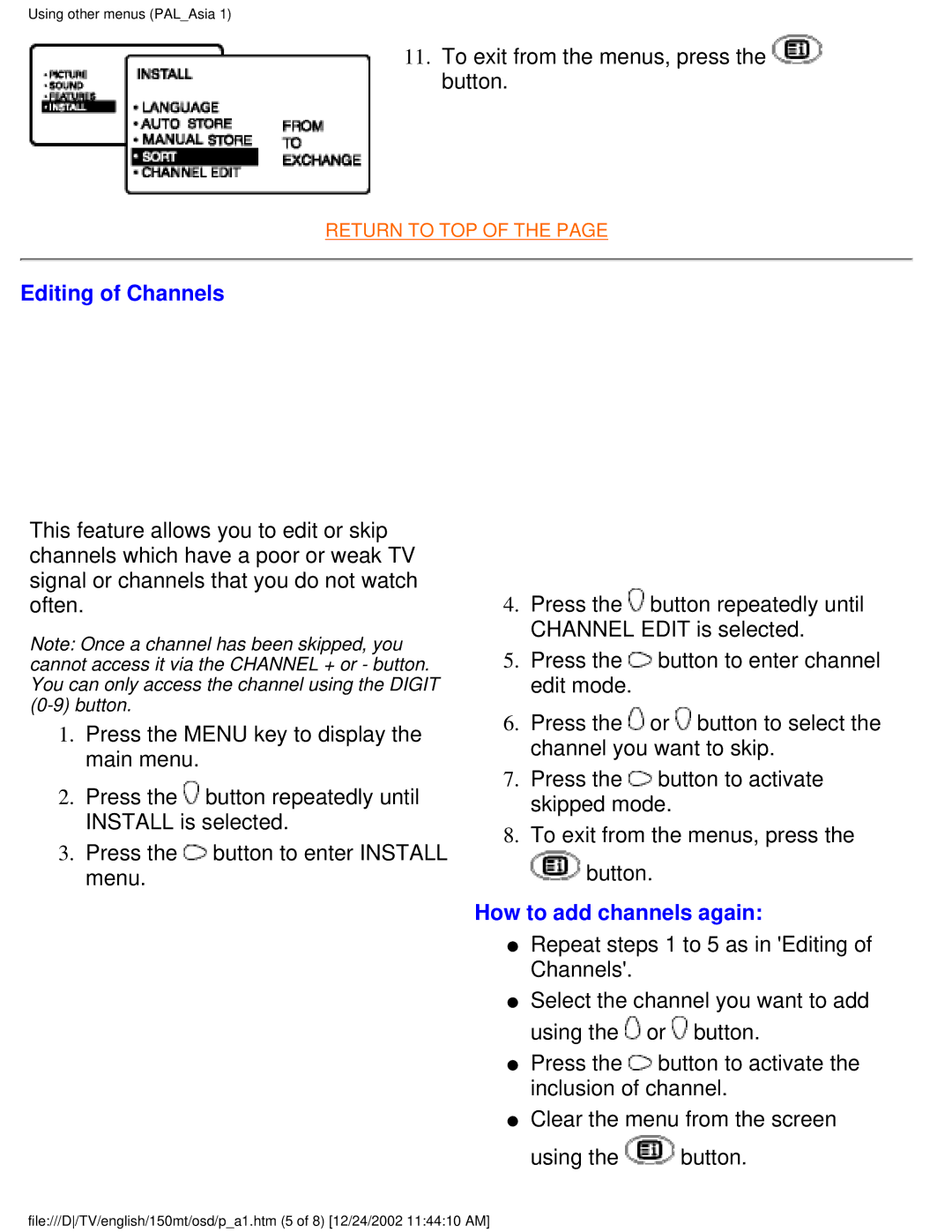 Philips 150MT manual Editing of Channels, How to add channels again 