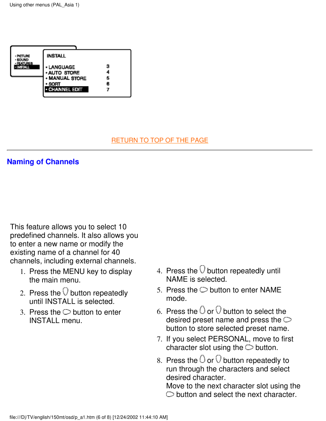 Philips 150MT manual Naming of Channels 