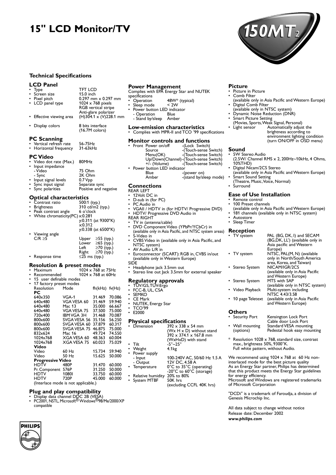 Philips 150MT2 Technical Specifications LCD Panel, PC Scanning, PC Video, Optical characteristics, Power Management, Sound 