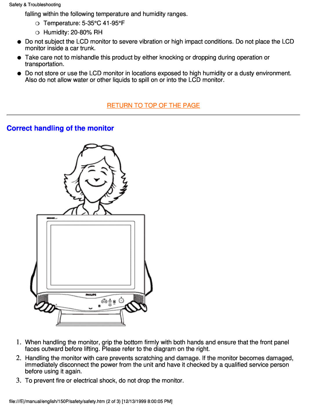 Philips 150P user manual Correct handling of the monitor, Return To Top Of The Page 