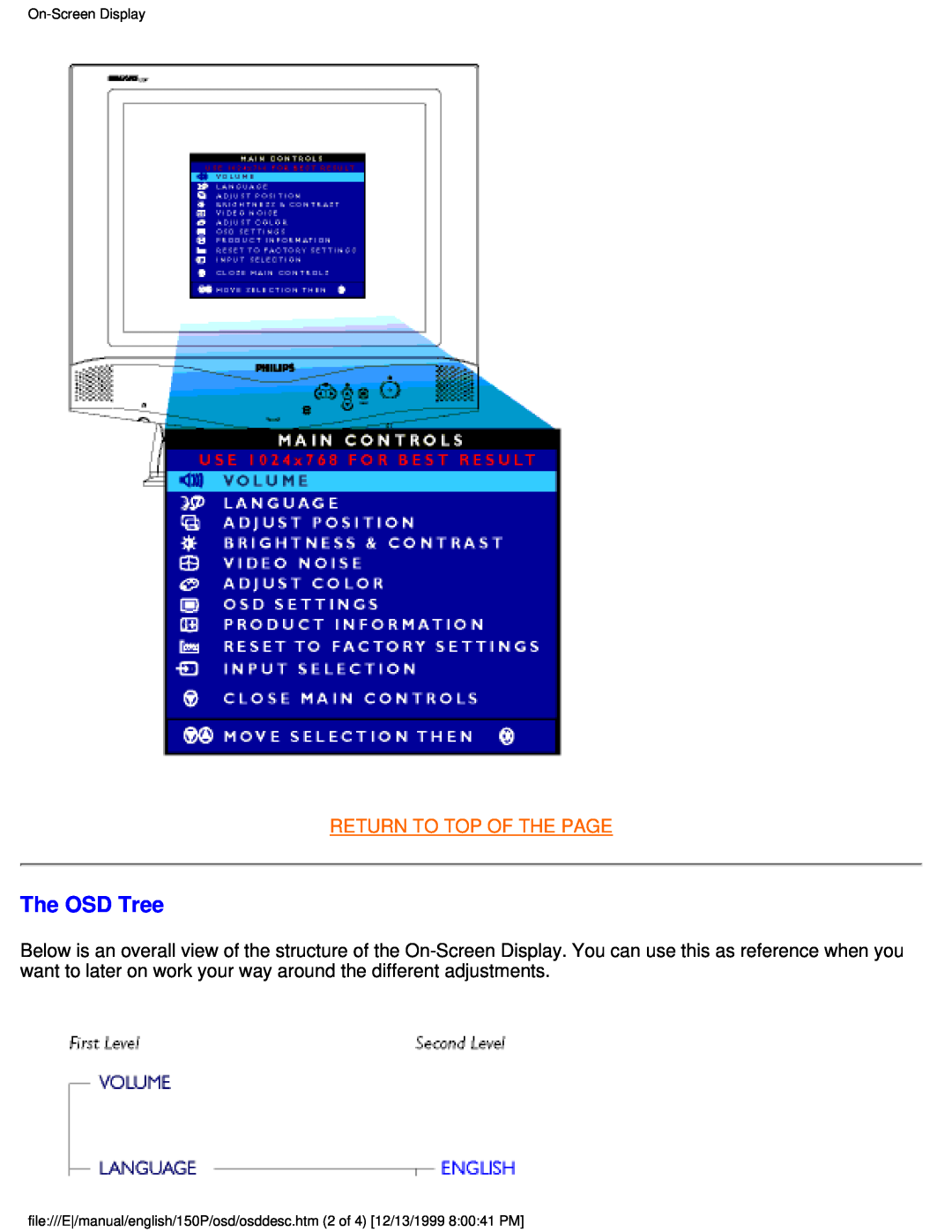 Philips 150P user manual The OSD Tree, Return To Top Of The Page, On-Screen Display 