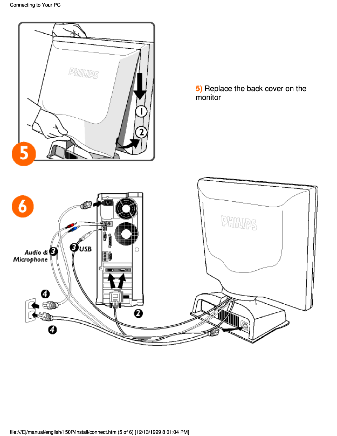 Philips 150P user manual Replace the back cover on the monitor, Connecting to Your PC 