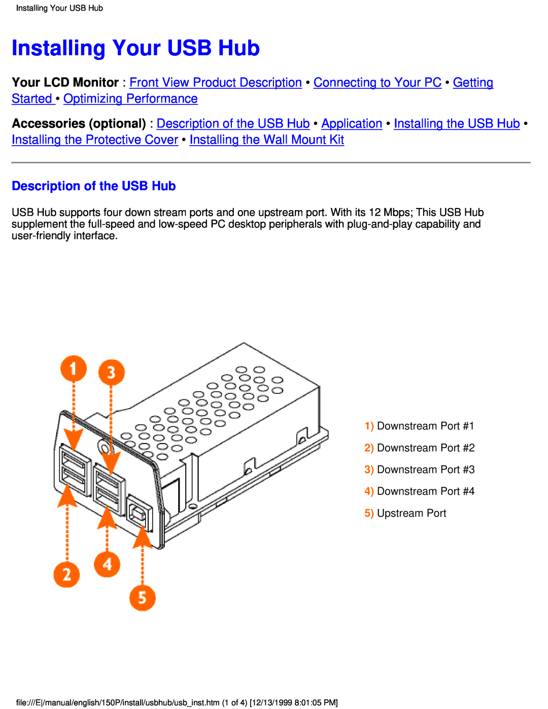Philips 150P user manual Installing Your USB Hub, Description of the USB Hub 