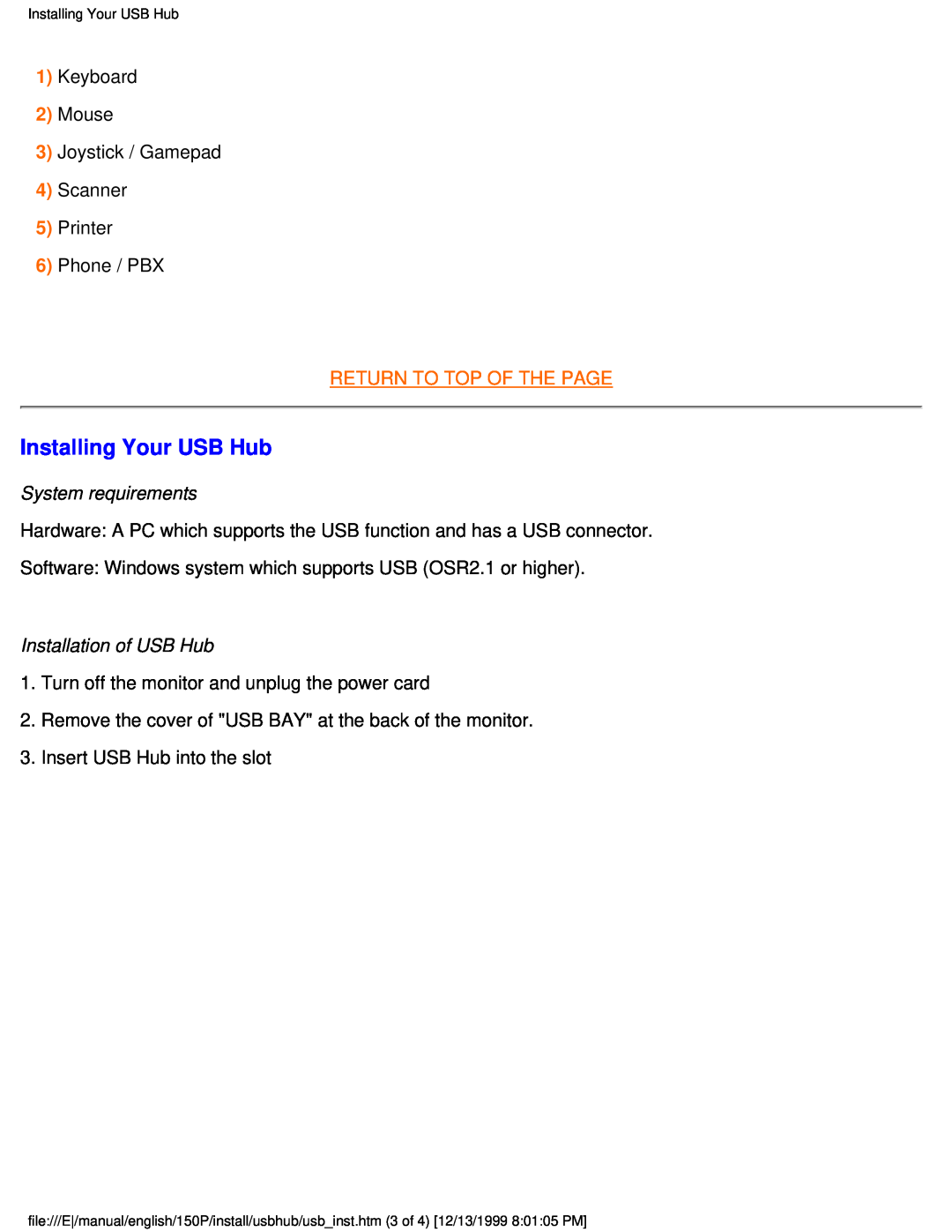 Philips 150P user manual Installing Your USB Hub, Return To Top Of The Page, System requirements, Installation of USB Hub 