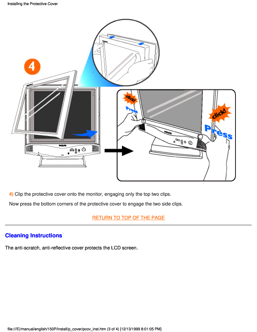 Philips 150P user manual Cleaning Instructions, Return To Top Of The Page, Installing the Protective Cover 