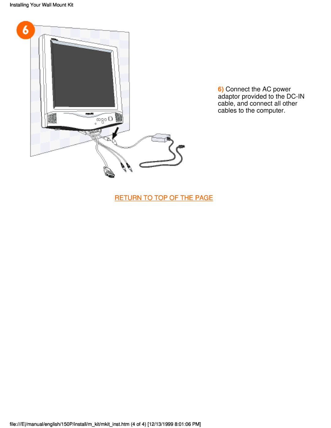 Philips 150P user manual Return To Top Of The Page, Installing Your Wall Mount Kit 