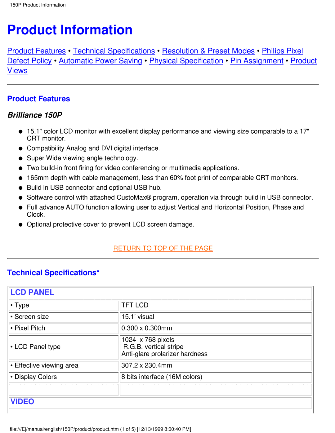 Philips 150P user manual Product Information, Product Features, Technical Specifications 