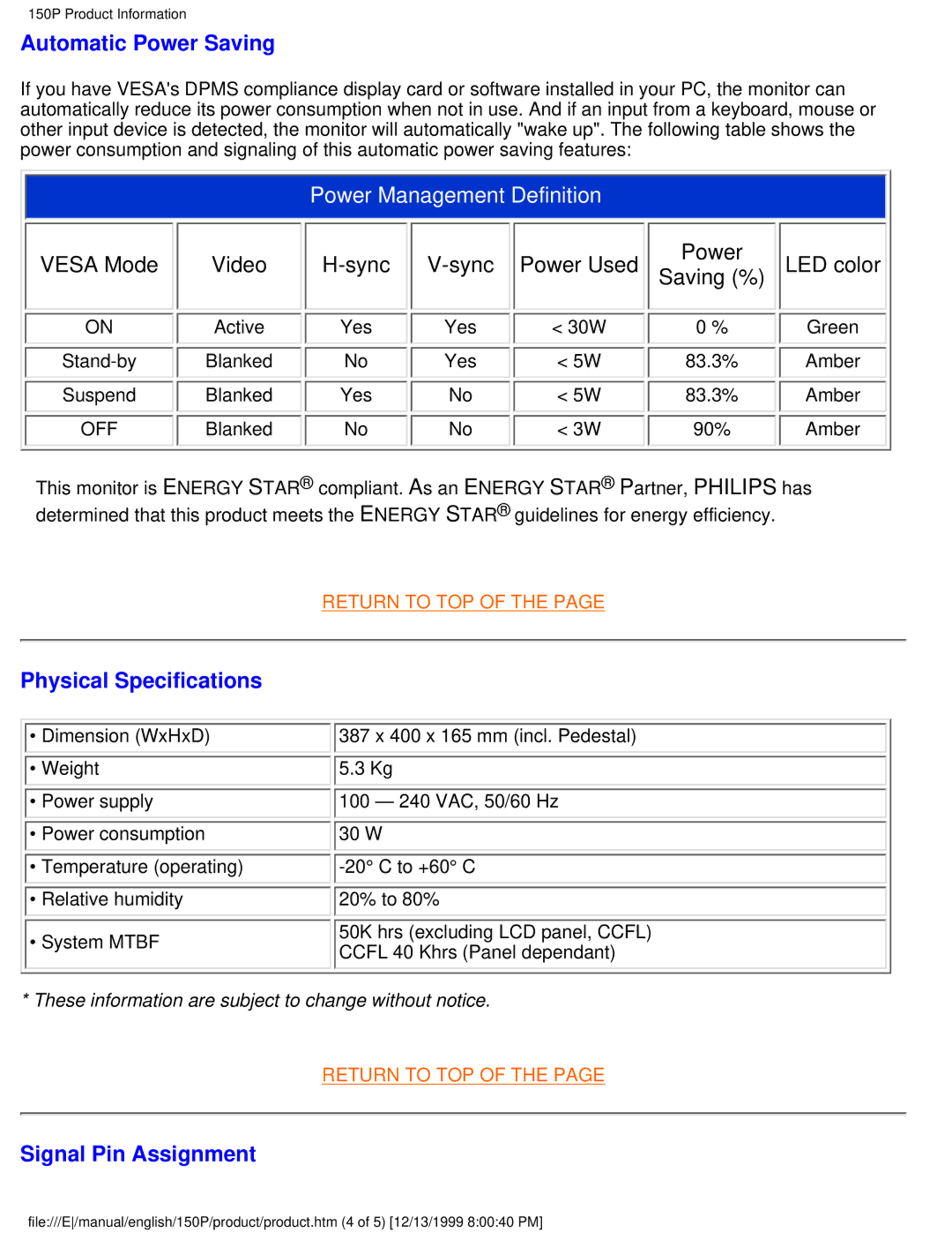 Philips 150P user manual Automatic Power Saving, Physical Specifications, Signal Pin Assignment 