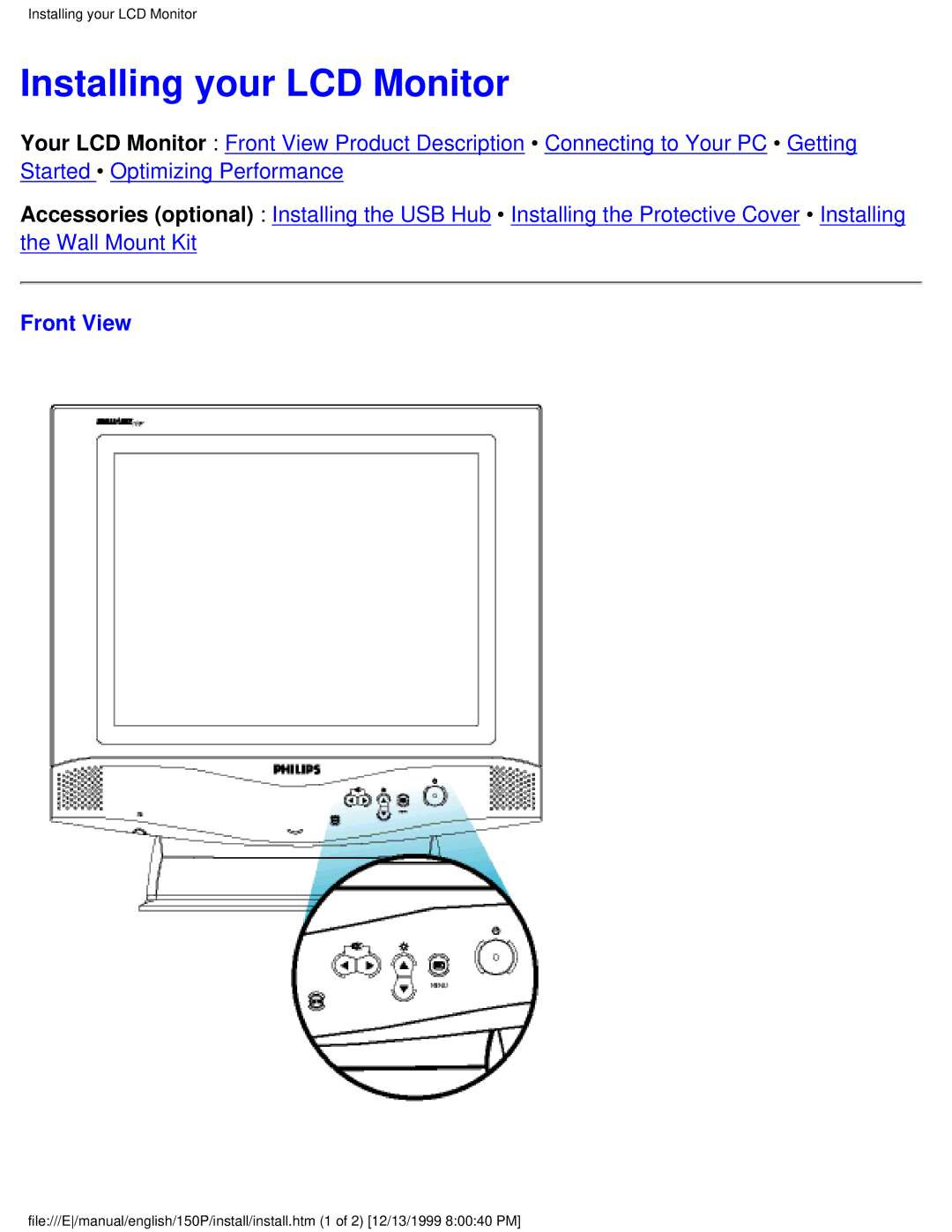 Philips 150P user manual Installing your LCD Monitor, Front View 