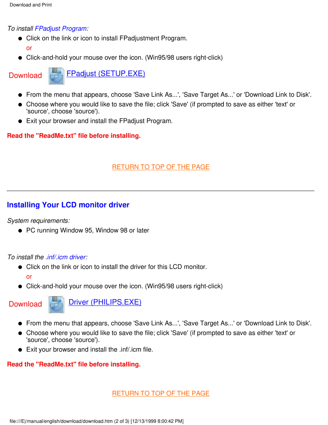 Philips 150P user manual Installing Your LCD monitor driver, To install FPadjust Program 